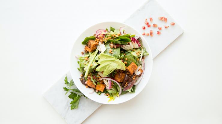 healthy salad with avocado and tofu