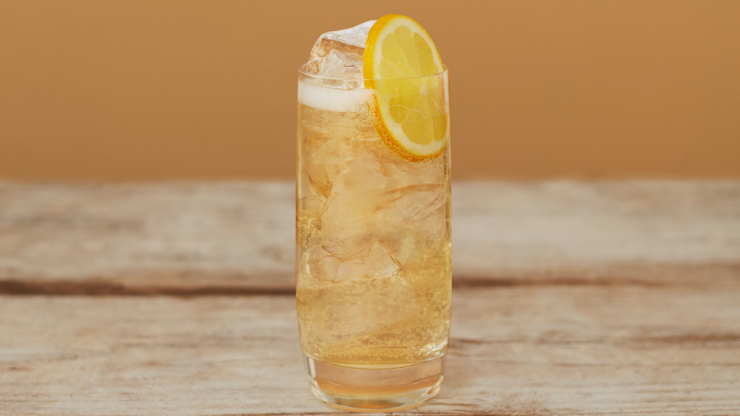 Seedlip's Grove Ginger Highball in a glass with a lemon slice.